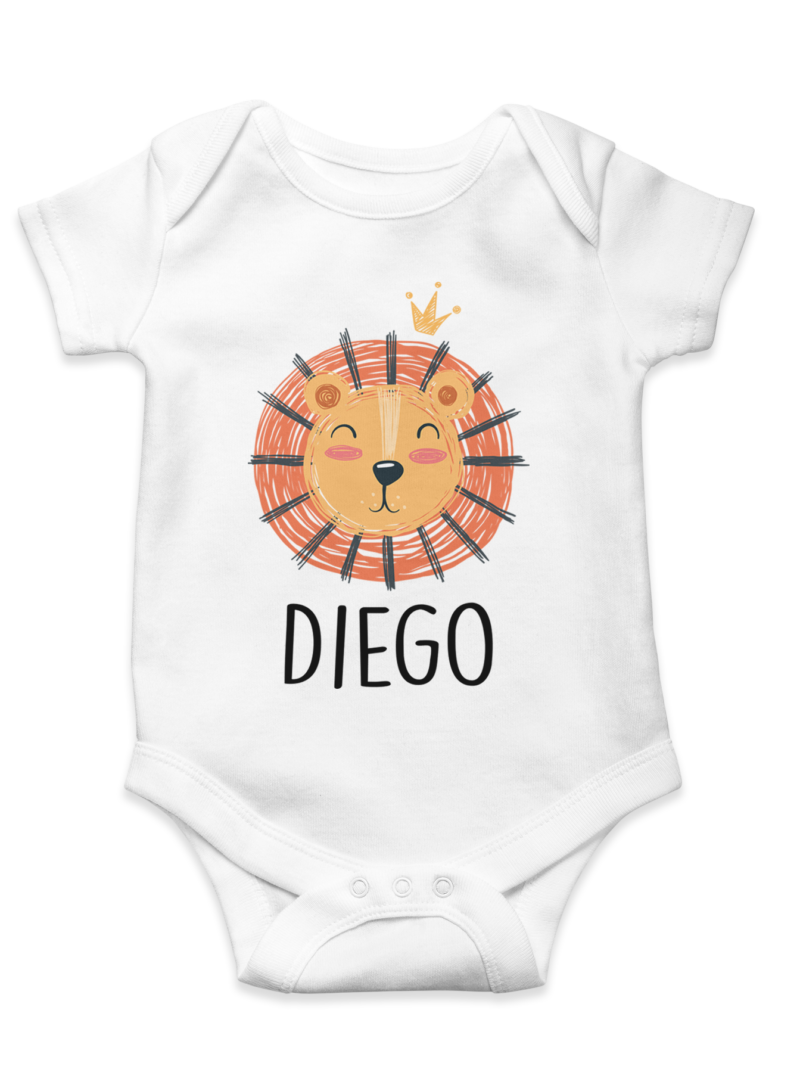 body blanco con ilustración león y nombre personalizado