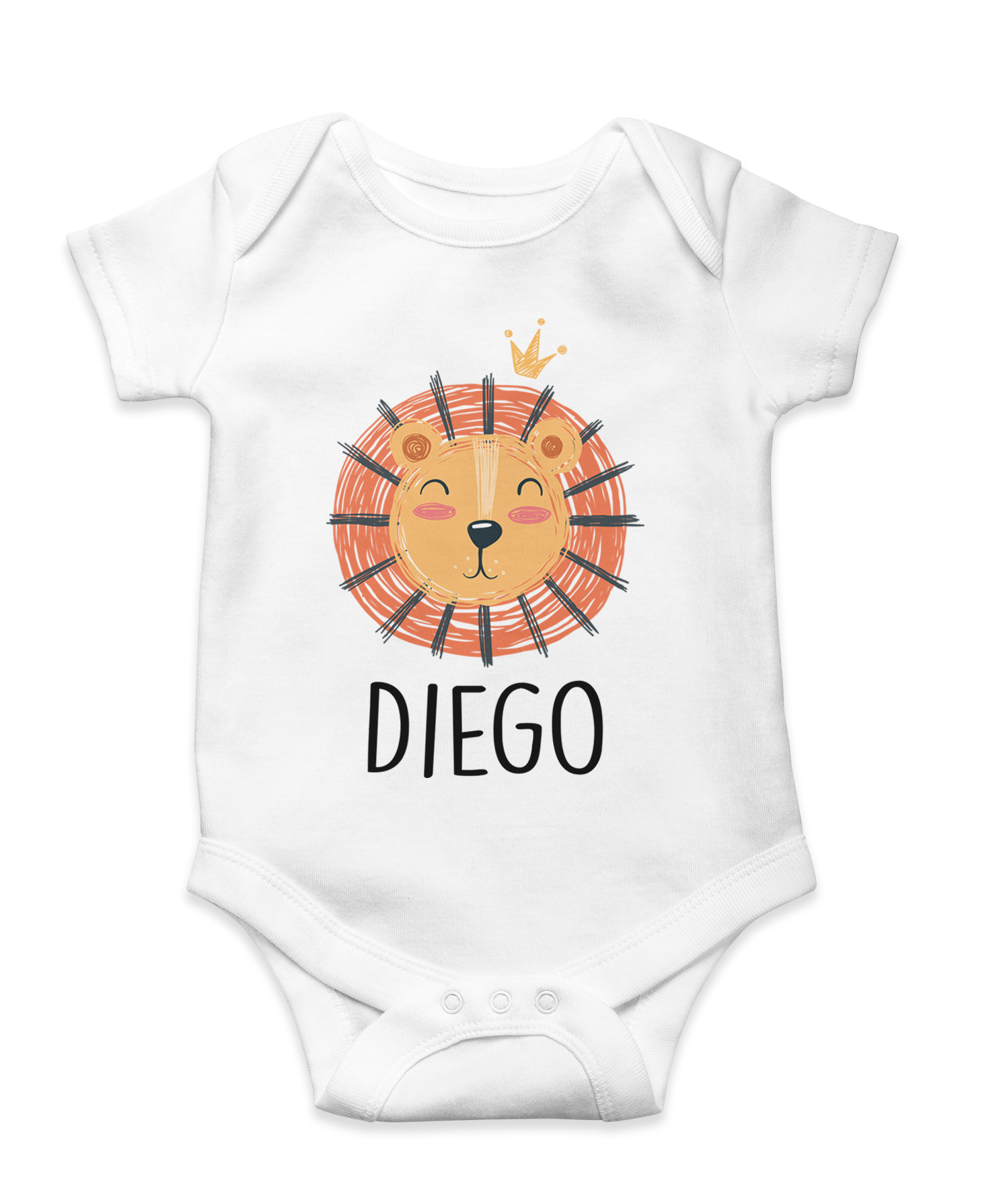 body blanco con ilustración león y nombre personalizado